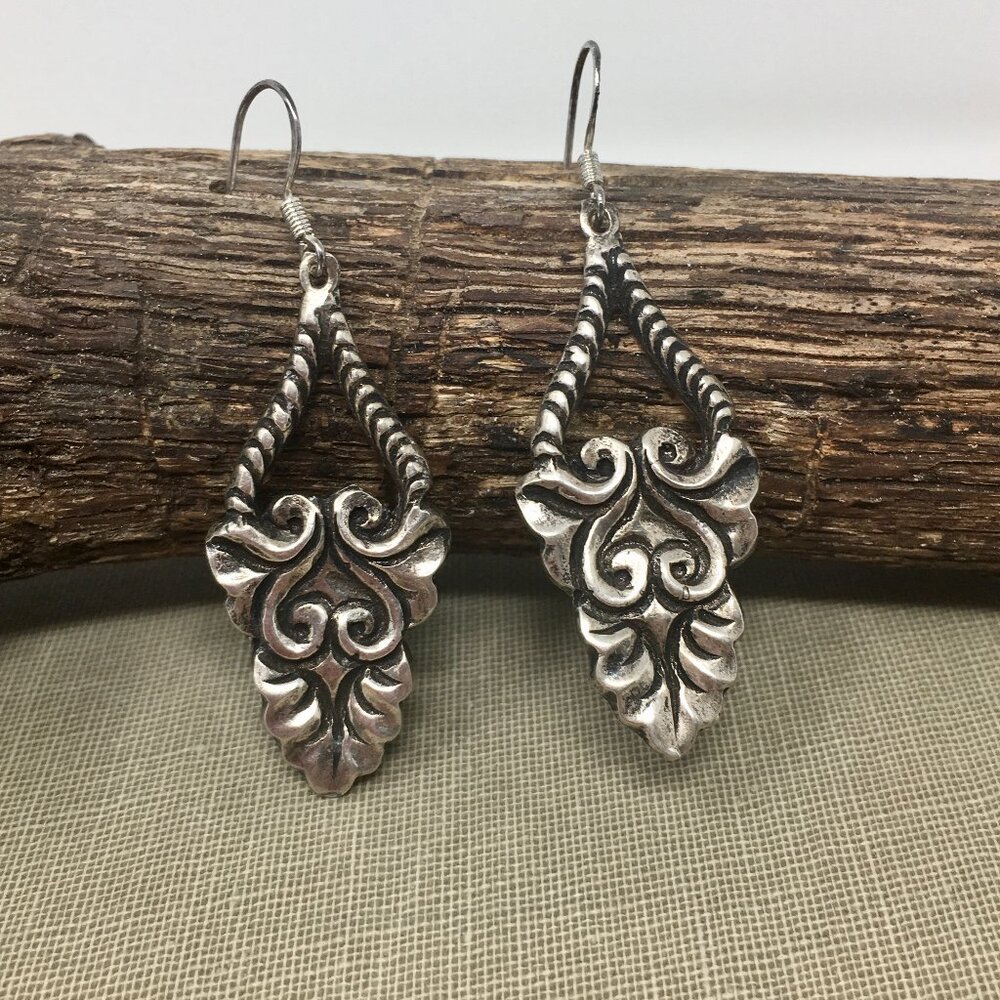 Baroque Style Carved Scrollwork Filigree Dangle Sterling Silver Hook Earrings